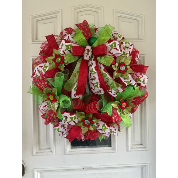 Handmade Christmas Mesh Wreath with Grinch Buttons, Red Green Holiday Decor - Picture 1 of 7